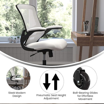 Flash Furniture Kelista Mid-Back White Mesh Swivel Ergonomic Task Office Chair with Flip-Up Arms and Transparent Roller Wheels
