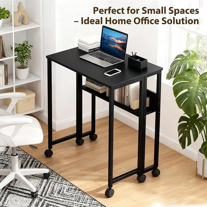 Garvee Folding Desk Small Rolling Desk with Storage Shelf,31.5 Inch Foldable Computer Table for Small Spaces, Space Saving Sofa Table with Wheels for Home Office, Study, Easy Assembly, Black