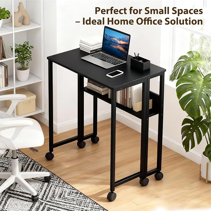 Folding Desk Small Rolling Desk with Storage Shelf,24.8 Inch Foldable Computer Table with Wheels,Portable Office Desk for Small Space Sofa Table,Easy to Fold,Writing Work Office Computer Desk,Black