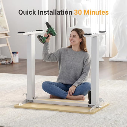 YDN 32" Small Electric Standing Desk Adjustable Height, Sit Stand up Desk with Memory Presets & Cable Management, Home Office Desk for Office & Computer Workstation, White Frame/Nature Top