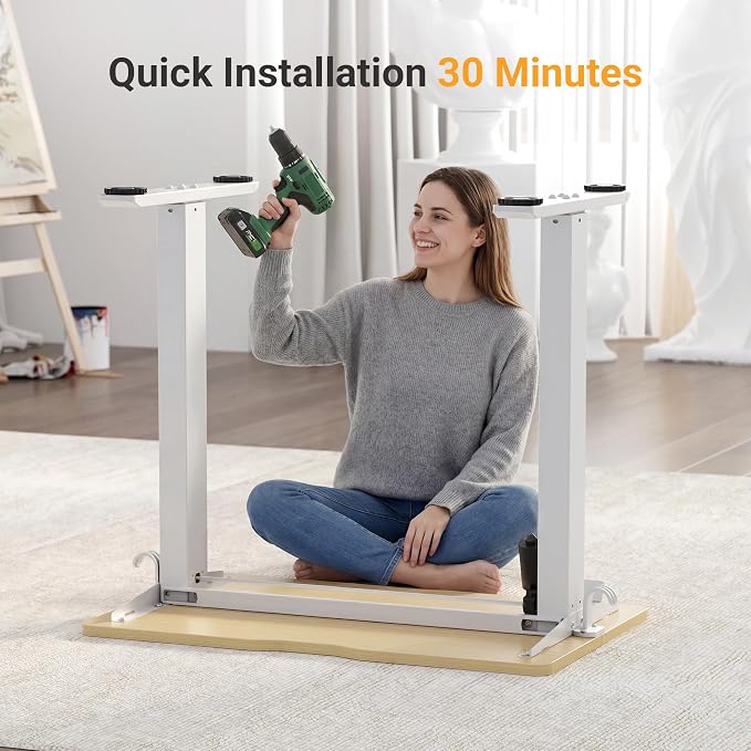 YDN 35" Small Electric Standing Desk Adjustable Height, Sit Stand up Desk with Memory Presets & Cable Management, Home Office Desk for Office & Computer Workstation, White Frame/Nature Top
