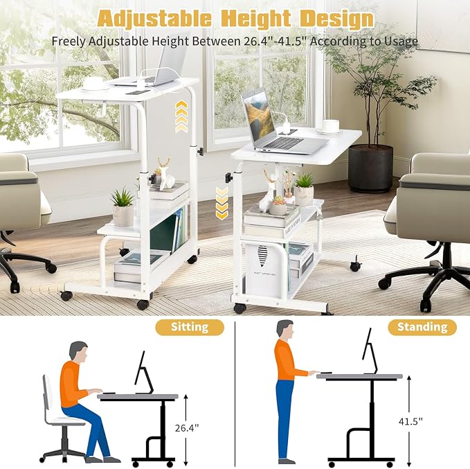 Karl home 31.5" Portable Rolling Desk on Wheels,Height Adjustable Standing Desk with 2 AC Outlets/3 USB Ports,Mobile Laptop Table with Hooks and Storage Shelves for Home Office,White