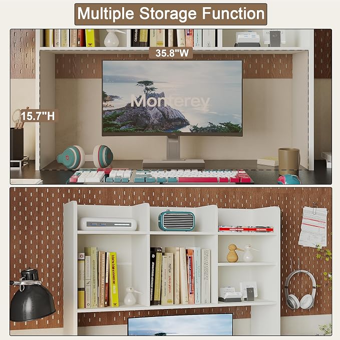ChooChoo Desktop Bookshelf with Lights, Wood Desk Hutch Organizer with 7 Shelves for Computer Desk, Desktop Shelf Bookshelf Storage for College Dorm Office Home, White