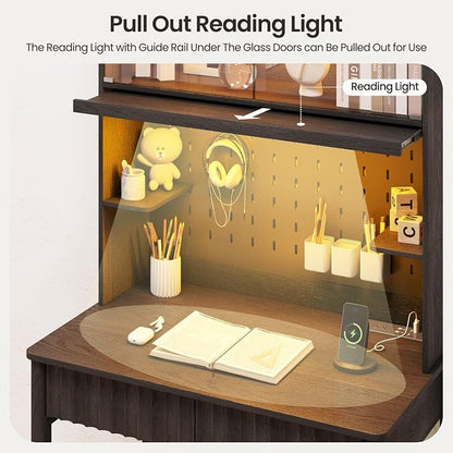 Lvifur 31.5" Small Study Desk with - Drawer & Hutch,Computer Desk with Charging Station,Compact Writing Desk with LED Reading Lights,Home Office Desks for Small Spaces,Bedroom Study Room,Black
