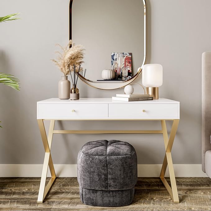 BELLEZE Modern 42 Inch Makeup Vanity Dressing Table or Home Office Computer Laptop Writing Desk with Two Storage Drawers, Wood Top, and Gold Metal Frame - Ellena (White)