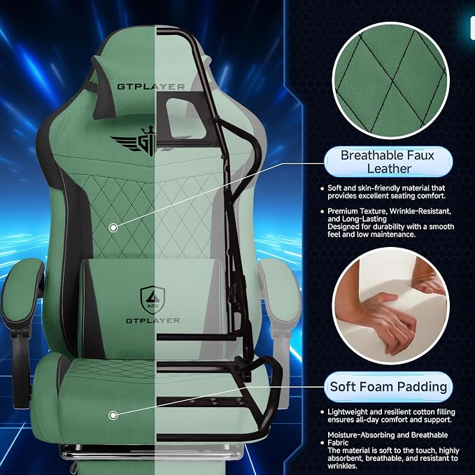 GTPLAYER Gaming Chair, Video Game Chairs with Footrest and Lumbar Support, Computer Chair for Adults with Extended Backrest, Ergonomic Reclining Silla Gamer, Fabric, Green