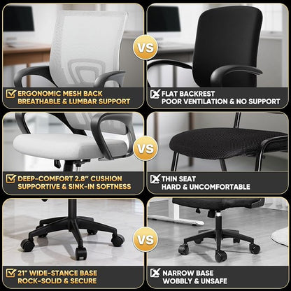 Magshion Ergonomic Office Desk Chair, Mid-Back Mesh Computer Chair, Swivel Chair with Breathable Backrest & Lumbar Support, Adjustable Height for Gaming, Work, Study, 300 Lbs Capacity, White