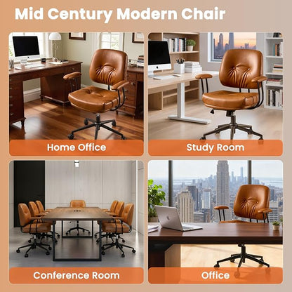 Leather Home Office Chair, Mid Back Ergonomic Desk Chair with Lumbar Support, Mid Century Modern Deep Seat Swivel Rocking Computer Chair, Brown