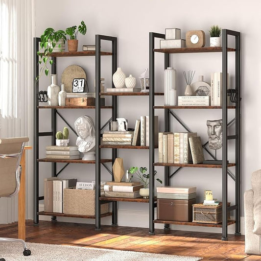 Furologee Triple 4 Tier Bookshelf, Bookcase with 11 Open Display Shelves, Large Book Shelf with 6 Hooks, Rustic Bookshelves Storage Organizer, Decorative Shelving Unit for Living Room, Home Office