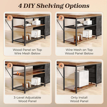 PRAISUN 61" L Shaped Desk with Power Outlets & USB-C Port, Reversible Computer Corner Office Desk with 4 Fabric Drawers and 2 Storage Shelves, Large Desk for Gaming Writing Study, Rustic Brown