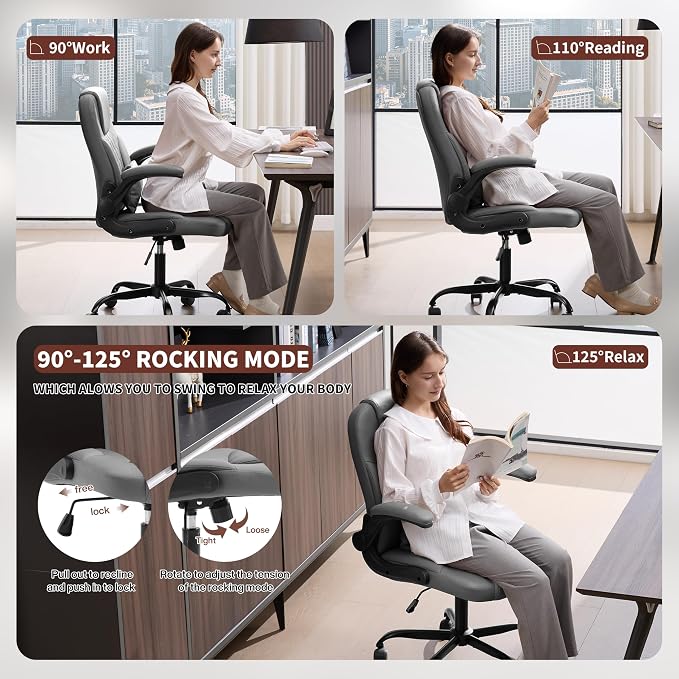 Executive Office Chair PU,Leather Office Chair with Wheels,360° Swivel Rolling Chair with Padded Arms,Ergonomic Computer Chair with Lumbar Support for Short People Use (Grey)