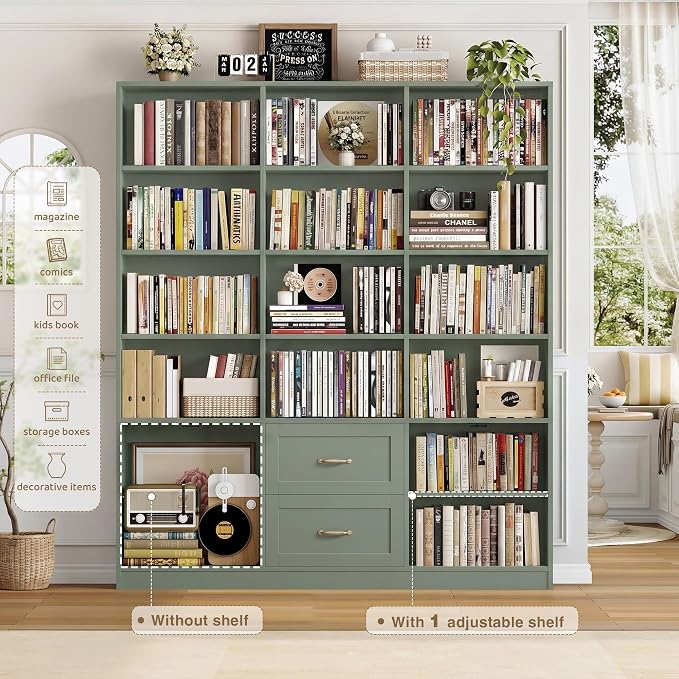 HOSTACK 71" Tall Triple Wide Bookshelf with Doors & Drawers, Modern Wood Bookcase for Storage, 6-Tier Large Bookcase with Display Shelves, Space-Saving Bookshelf for Living Room, Home Office, Green