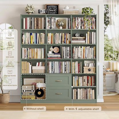 HOSTACK 71" Tall Triple Wide Bookshelf with Doors & Drawers, Modern Wood Bookcase for Storage, 6-Tier Large Bookcase with Display Shelves, Space-Saving Bookshelf for Living Room, Home Office, Green