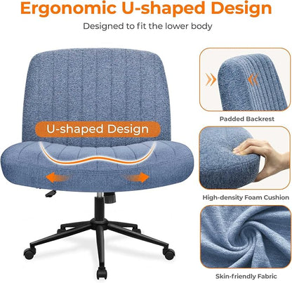 NEO CHAIR Criss Cross Chair with Wheels Armless Cross Legged Office Desk Wide Comfy Vanity Makeup Chair Adjustable Swivel Rolling Computer for Home Office Fabric (Blue)