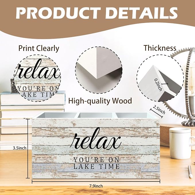 DILSJ Lake House Decor Pen Pencil Holder Organizer for Desk, Lake House Life Gifts for Women, Nautical Relax You're on Lake Time Wooden Box Signs for Home Office Desk Tabletop Decoration
