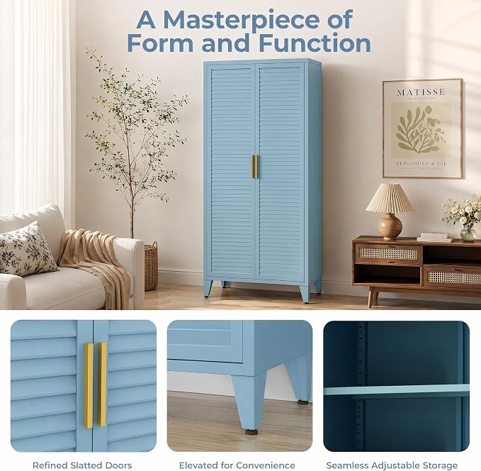 61" Tall Metal Pantry Cabinet with Lock and 3 Adjustable Shelves,Freestanding Heavy Duty steel Storage Locker,Blue Metal Cabinets for Kitchen,Living Room,Laundry,Garage,61" H X 27.6" W X 13.8" D