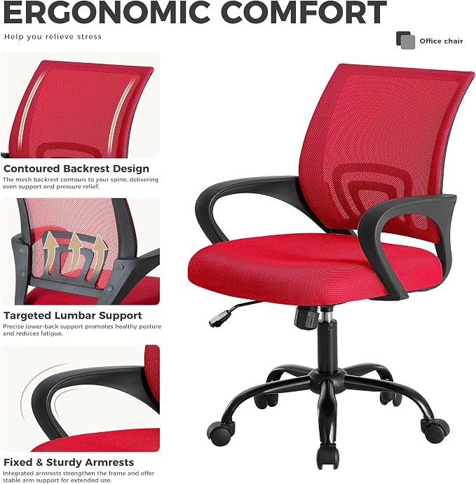 OLIXIS Office Desk Chair - Ergonomic Mid Back with Lumbar Support & Rocking Mode, Height Adjustable with Fixed Armrest, Storage Back for Computer, Gaming, Conference, Meeting Room, 360° Swivel, Red