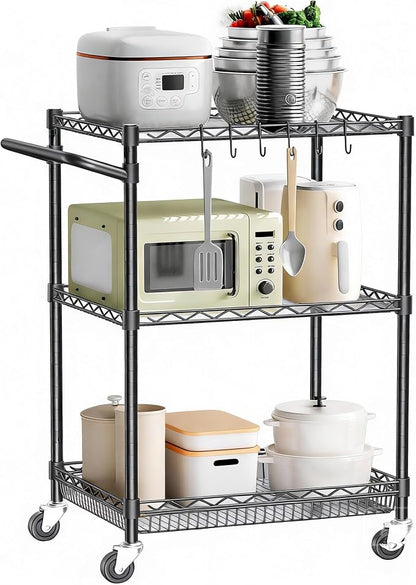 Rolling Utility Metal Carts with Wheels 3 Tier Heavy Duty Storage Cart 750Lbs Capacity Adjustable Kitchen Organizer Cart with Handle & Shelf Liner Commercial Grade Trolley for Indoor & Outdoor Use