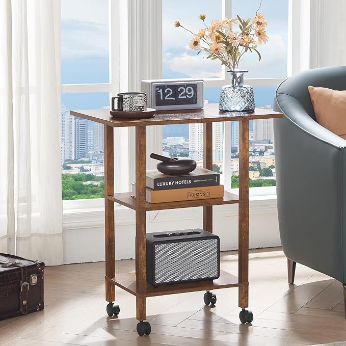 YUFAM 3 Tier Home Printer Stand with Storage, Wooden Mobile Printer Table Shelf, Rolling Printer Cart Shelf with Lockable Wheels fit Fax Machine, Scanner, Brown