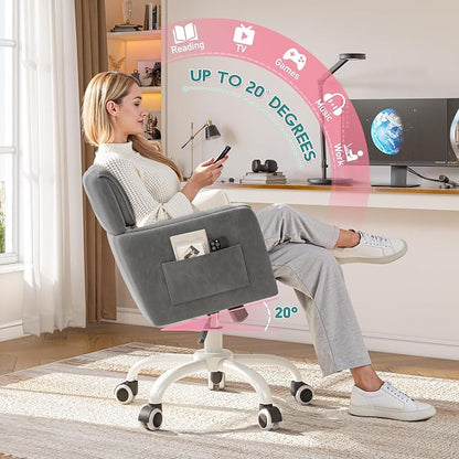 DurayLoly Home Office Chair with Wheels Soft-Touch Material,Modern Cute Vanity Chair with Back Adjustable Height Upholstered Comfy Desk Chairs with Side Pockets for Bedroom,Grey