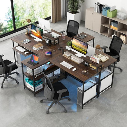 Tangkula 2-Person Reversible Computer Desk with LED Lights, 94.5” Long Office Desk with Power Outlets, Monitor Stand, Keyboard Tray & 2 Storage Shelves, Double Desk for Gaming Working Writing (Walnut)