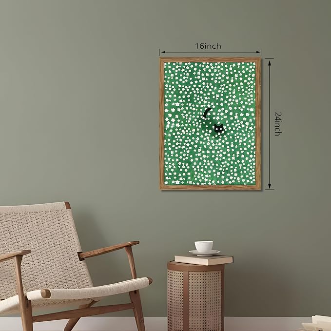 Framed Floral Black Cat Canvas Wall Art, Cute Black Cat in Daisy Field Painting, Animal Poster Print, Modern Home Aesthetic Wall Decor, Flowers Canvas Artwork for Bedroom Living Room 16x24 inch