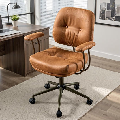 Ergonomic Home Office Chair, Mid-Century Faux Leather Home Office Desk Chairs with Wheels, Office Computer Chair with Rocking Swivel (Light Brown,Suede)
