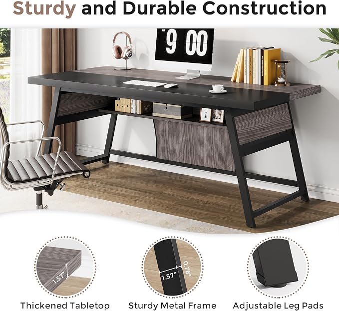 63-inch Executive Desk with Storage Shelf, Large Home Office Desk with Metal Frame & LED Light, Long Computer Desks for Home Office, Gray and Black