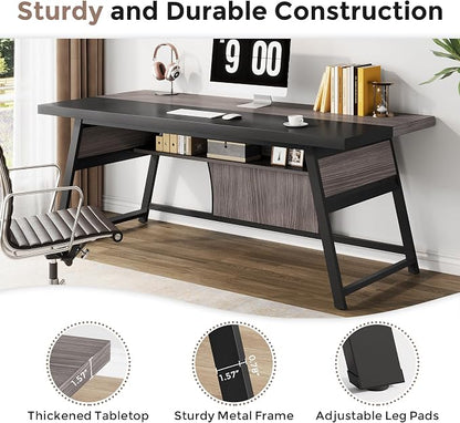63-inch Executive Desk with Storage Shelf, Large Home Office Desk with Metal Frame & LED Light, Long Computer Desks for Home Office, Gray and Black