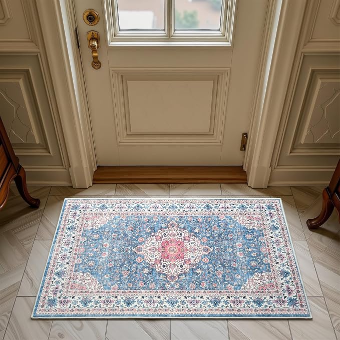 Goideal Washable Rug 2x3, Vintage Area Rugs Non Slip, Indoor Low Pile Carpet with Rubber Backing for Kitchen Bathroom Entryway Office Bedroom,Blue & Hot Pink