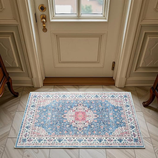 Goideal Washable Rug 2x3, Vintage Area Rugs Non Slip, Indoor Low Pile Carpet with Rubber Backing for Kitchen Bathroom Entryway Office Bedroom,Blue & Hot Pink
