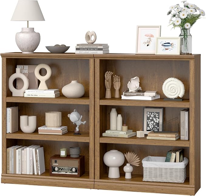 blini Wooden Bookshelf and Bookcase 3 Tier Double Wide Large Bookshelves Vintage Oak Wood Bookshelf with Storage Cabinets for Living Room, Home Office, Library (Vintage Oak, 3-Shelf)