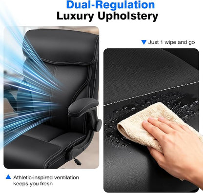 AreShark Executive Office Chair - 400lbs Heavy Duty Ergonomic Desk Chair with Comfy Cushion, High Back Breathable Leather Computer Chair with Flip-up Arms & Rocking Function for Home Office