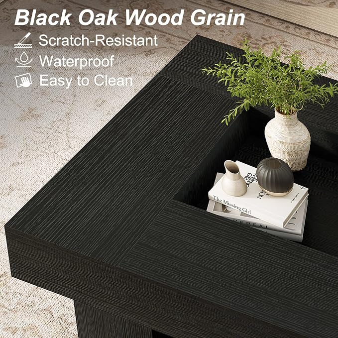 LVB Black Coffee Table, Modern Wood Led Living Room Table with Storage, Unique Large Wide Square Center Table with LED Light, Contemporary Low Tea Table for Bedroom Home Office, 39.37 Inch, Black Oak