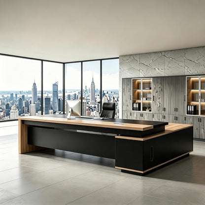 L Shaped Executive Desk with Drawers, Modern Large Wood Home Office Desk, Computer Desk with Storage for Boss Office Workstation