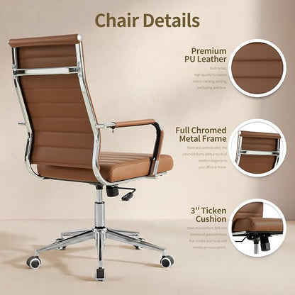 Okeysen Office Desk Chair, Ergonomic Leather Modern Conference Room Chairs, Executive Ribbed Height Adjustable Swivel Rolling Chair for Home Office. (Brown)