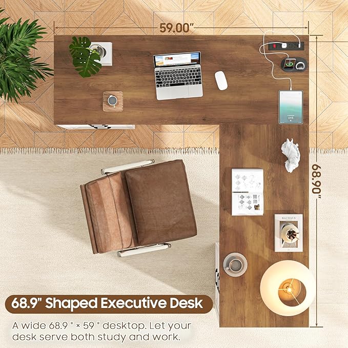 Vabches Wood L Shaped Executive Desk with 6 Drawers, Farmhouse Home Office Desk with Power Outlets and Triangle Under-Desk Storage Shelf & Drawer File Cabinet, Corner Computer Desk, Brown