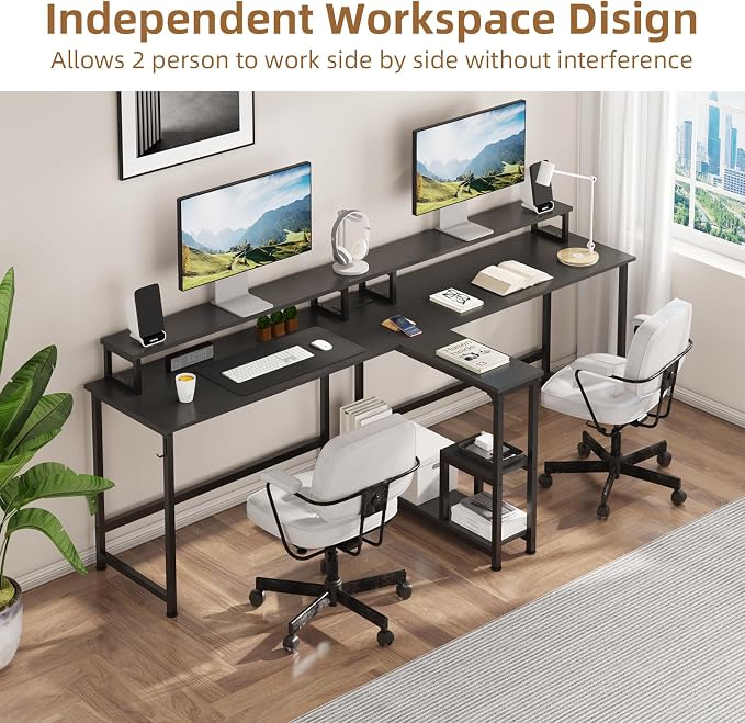 Mexin 83.7 Inch Two Person Desk with Storage Shelves and Power Outlets, Double Desk with Monitor Stand, 2 Person Writing Study Table Workstation for Home Office, Black