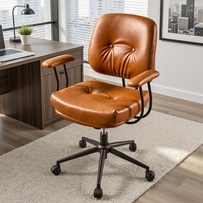 Ergonomic Home Office Chair, Mid-Century PU Leather Home Office Desk Chairs with Wheels, Office Computer Chair with Rocking Swivel (Brown,PU Leather)
