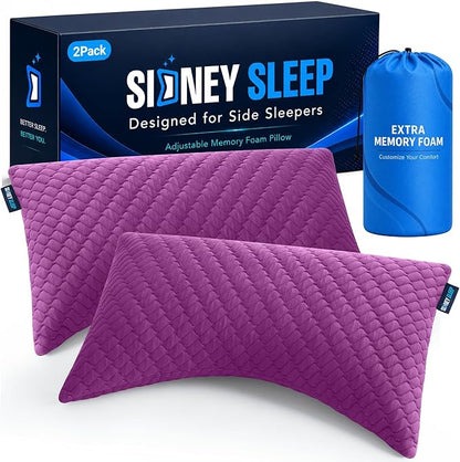 Sidney Sleep Set of 2 Queen Size Adjustable Bed Pillows for Side and Back Sleepers - Memory Foam Pillows for Neck and Shoulder Support - Customizable Loft - Extra Foam Included (Magenta)