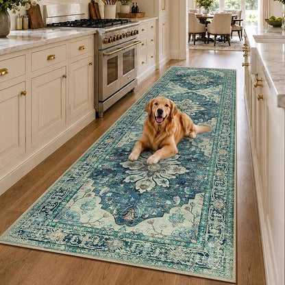 RELEANY Area Rugs Runner 3'x10' Washable Non-Slip, Floral Vintage Distress Medallion Carpet for Kitchen Hallway Bedroom Beside Laundry Room Bathroom, Dark Blue Vintage