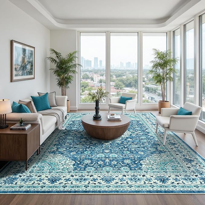 Goideal Washable Rug 6x9, Vintage Area Rugs Non Slip, Indoor Low Pile Carpet with Rubber Backing for Living Room Kitchen Bathroom Entryway Office Bedroom,Blue & Teal