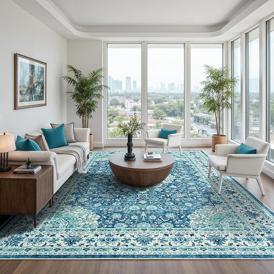 Goideal Washable Rug 8x10, Vintage Area Rugs Non Slip, Indoor Low Pile Carpet with Rubber Backing for Living Room Kitchen Bathroom Entryway Office Bedroom,Blue & Teal