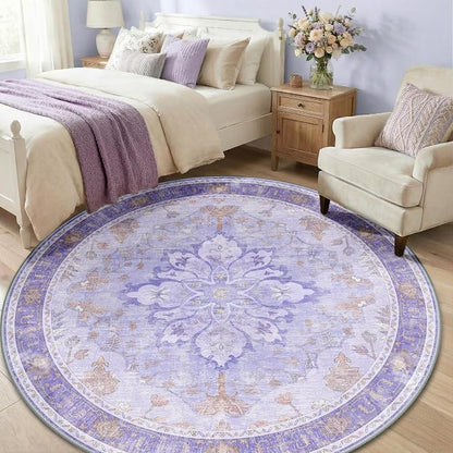 RELEANY Area Rugs Round 6ft Washable Non-Slip, Floral Vintage Distress Medallion Carpet for Living Room Bedroom Dining Room, Light Purple Brown