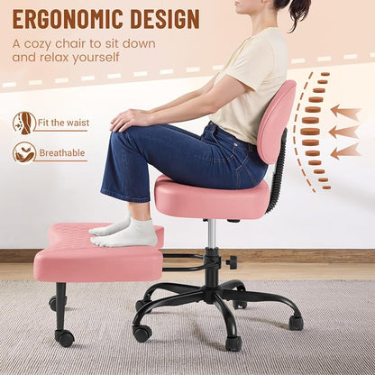 Homall Ergonomic Cross Legged Office Desk Chair with Wheels, 360° Swivel and Adjustable Height for Meditation and ADHD,Criss Cross Kneeling Chair with Lumbar Support (Leather, Pink)