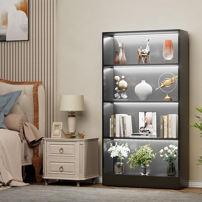 CODACE Tall Wooden Black Bookshelf - Display Shelf with LED Lights, Lighted Book Shelf with 4-Tier Shelves,Large Display Bookshelves for Collectibles, Modern Bookcase for Bedroom, Living Room, Office