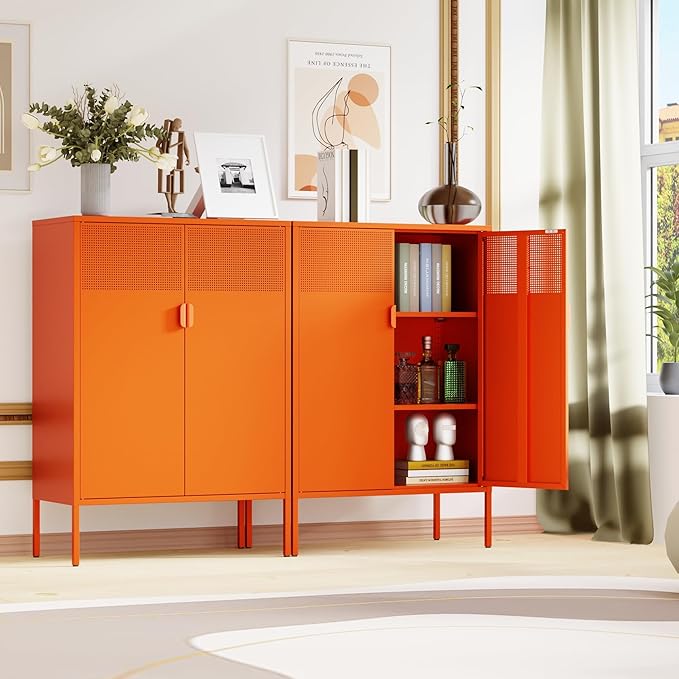 Chshin Metal Storage Cabinet,Kitchen Pantry Storage Cabinet,Metal Sideboard with 2 Doors and 2 Adjustable Shelves,Orange Locker Cabinet for Home,Bathroom,Hallway,Office,Dining Room