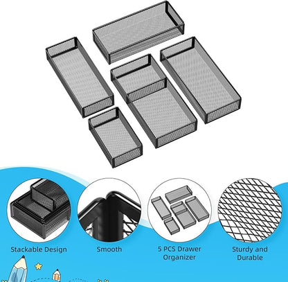 Marbrasse 5 Pack Desk Drawer Organizer Set, Mesh Drawer Storage Trays with 1 Adjustable Divider, Desk Organizers and Accessories, 5 PCS Drawer for Office Supplies, Makeup & Vanity (Black)