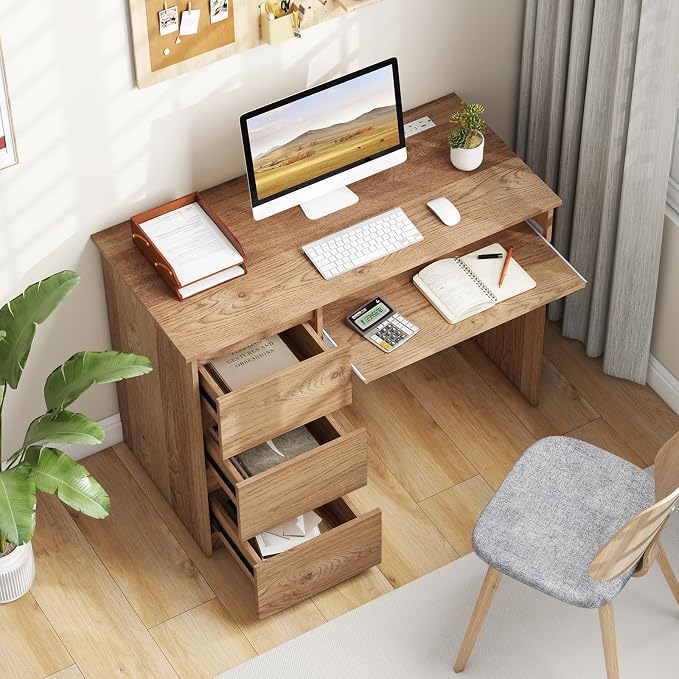 Giantex Computer Desk with Drawers, Modern Home Office Desk with Charging Station & Keyboard Tray, Laptop PC Computer Workstation, Study Writing Desk for Bedroom (Natural)