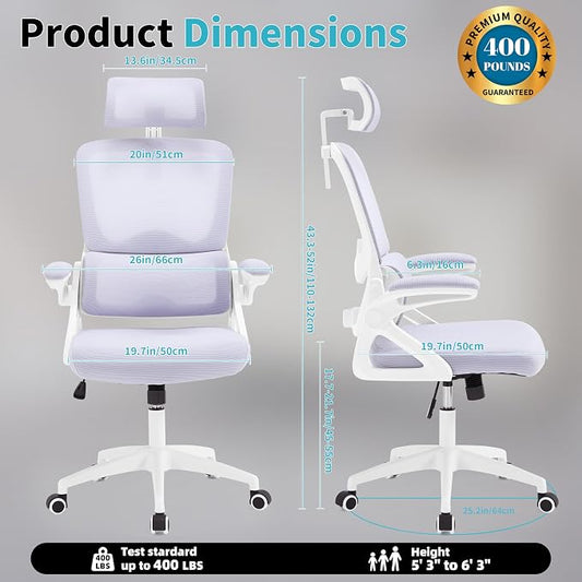 Ergonomic Office Chair,Mesh Office Chair with Lumbar Support,High Back Desk Chair with Flip-up Arms,400 lbs Big and Tall Computer Chair with Headrest,Comfy Desk Chairs (Lavender)